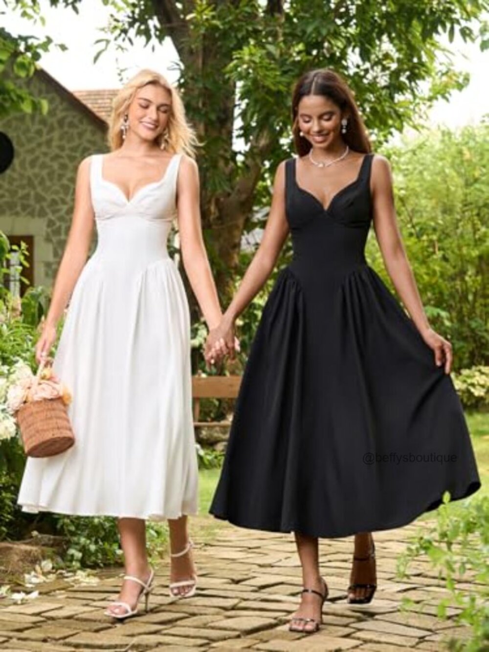 V Neck Floral Corset Midi Dress A-Line Smocked Sleeveless Wedding Guest Long - Picture 5 of 6